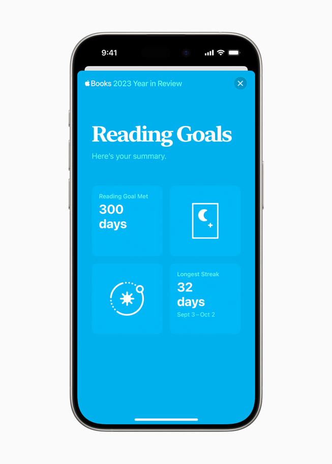A user’s 2023 Year in Review Reading Goals summary is shown in Apple Books on iPhone 15 Pro.