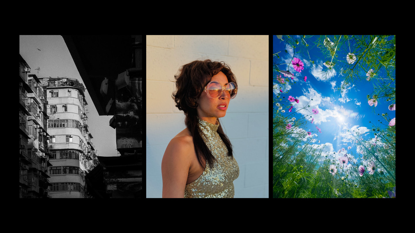 Three photographs shot on iPhone 15 Pro Max: a black-and-white photo of a building; a portrait of a person wearing sunglasses and a sequined dress; and flowers rising up to meet a cloudy blue sky.