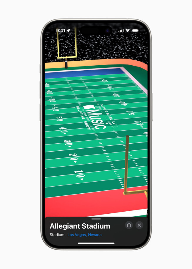 The end zone of Allegiant Stadium is shown in Apple Maps.