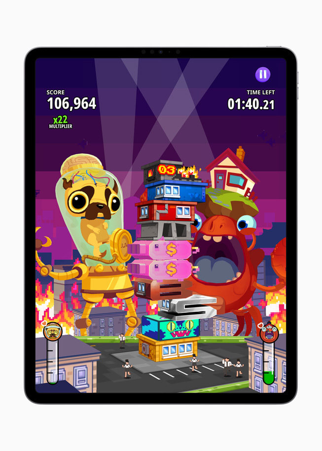 A still from Super Monsters Ate My Condo+ shown on iPad Pro.