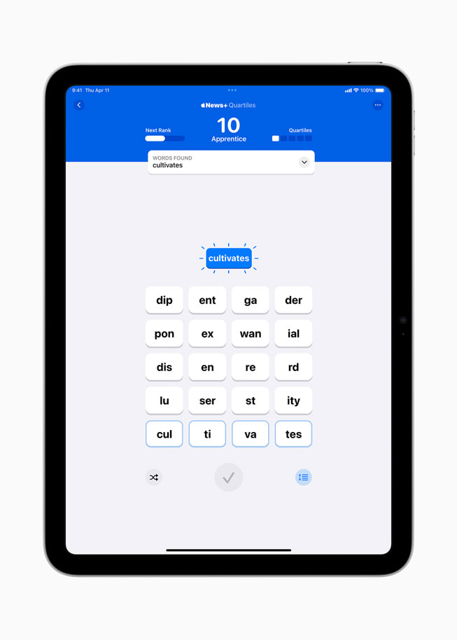 A spelled word in Quartiles is shown on an iPad (10th generation).