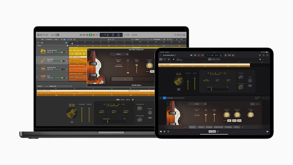 Logic Pro แสดงบน MacBook Pro รุ่น 16 นิ้ว และ iPad Pro รุ่น 13 นิ้ว