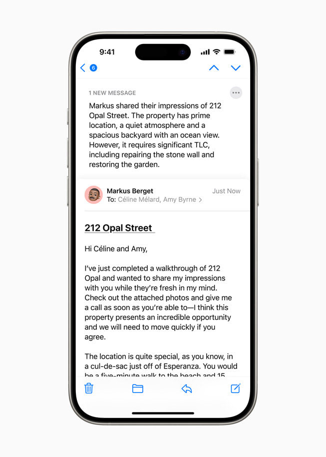 Funkcja podglądu z podsumowaniem maila zaprezentowana na iPhonie 15 Pro.