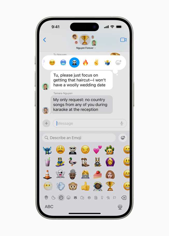 Osoba widzi w Wiadomościach wybór opcji Genmoji, których może użyć jako reakcji Tapback.