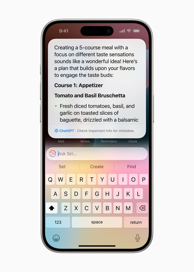 Wyniki z ChatGPT zaprezentowane przez Siri na iPhonie 15 Pro. Pierwsze danie – bruschetta z pomidorami i bazylią – opisane w wypunktowanym akapicie. 