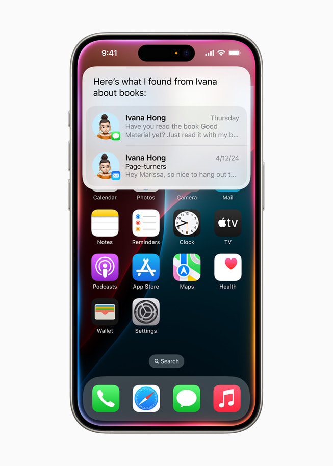 Siri wyszukuje dla osoby korzystającej z iPhone’a 15 Pro otrzymane od kogoś znajomego rekomendacje książek. 