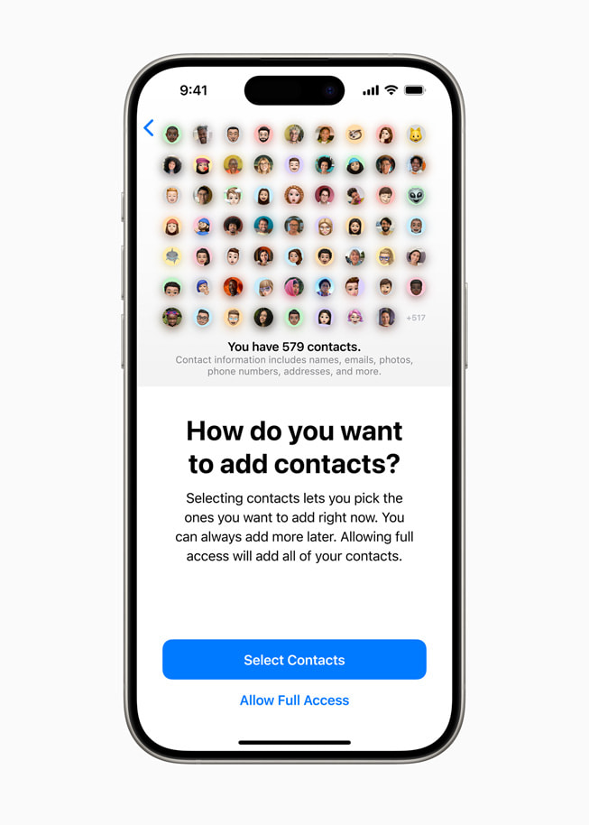 iPhone 15 Pro displays a screen with the prompt “How do you want to add contacts” and the options “Select Contacts” and “Allow Full Access.”
