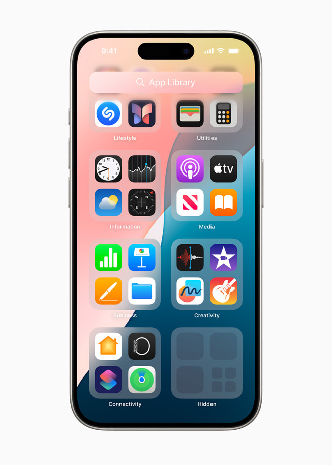 iPhone 15 Pro displays the App Library with a dedicated folder for hidden apps.