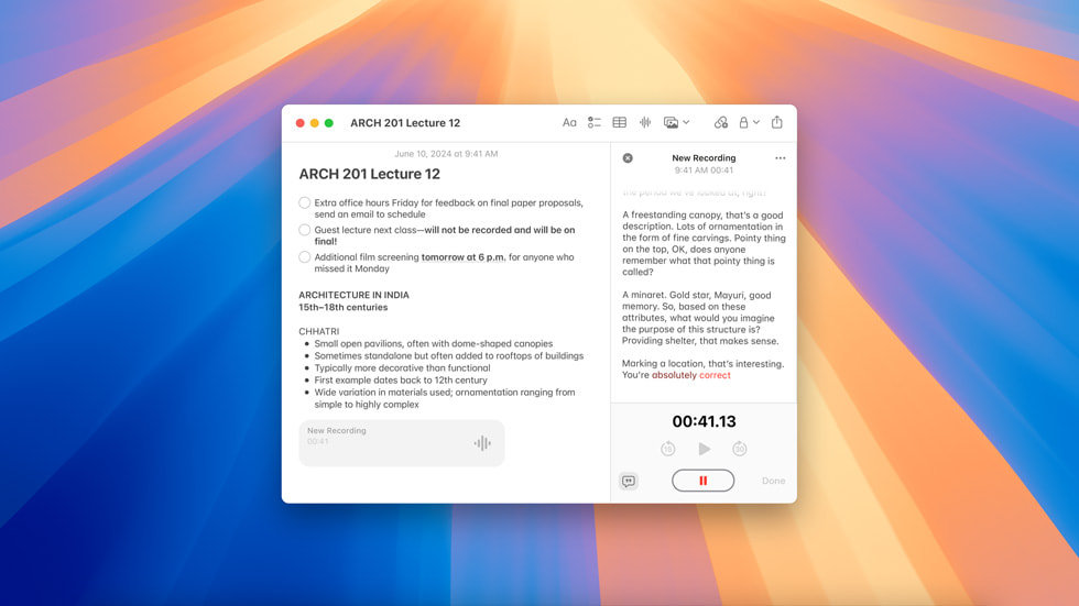 A user’s notes in the Notes app are shown with the new audio transcription feature with Apple Intelligence.