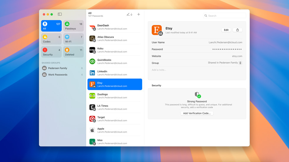 The new Passwords app is shown on a user’s MacBook Pro.