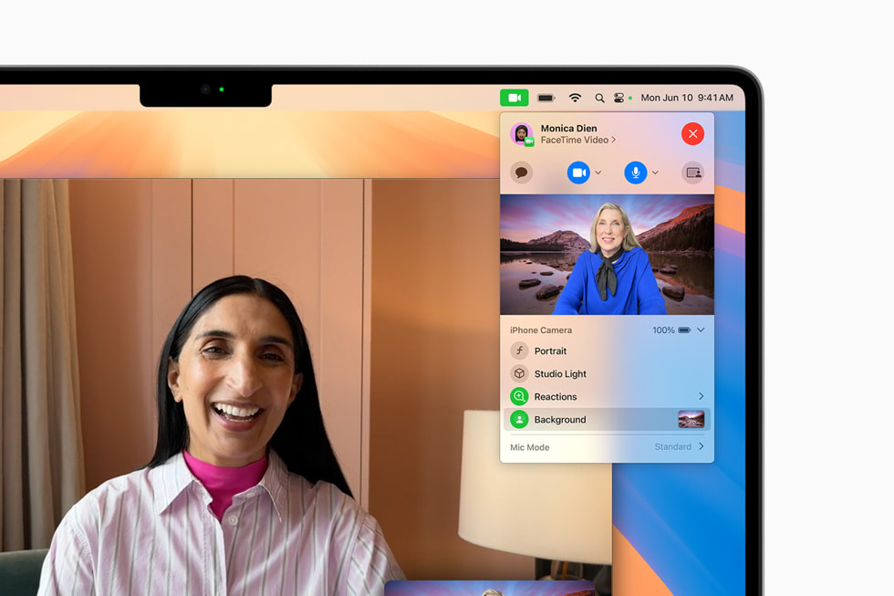 On a user’s MacBook Pro, a menu of background replacements are shown in FaceTime.