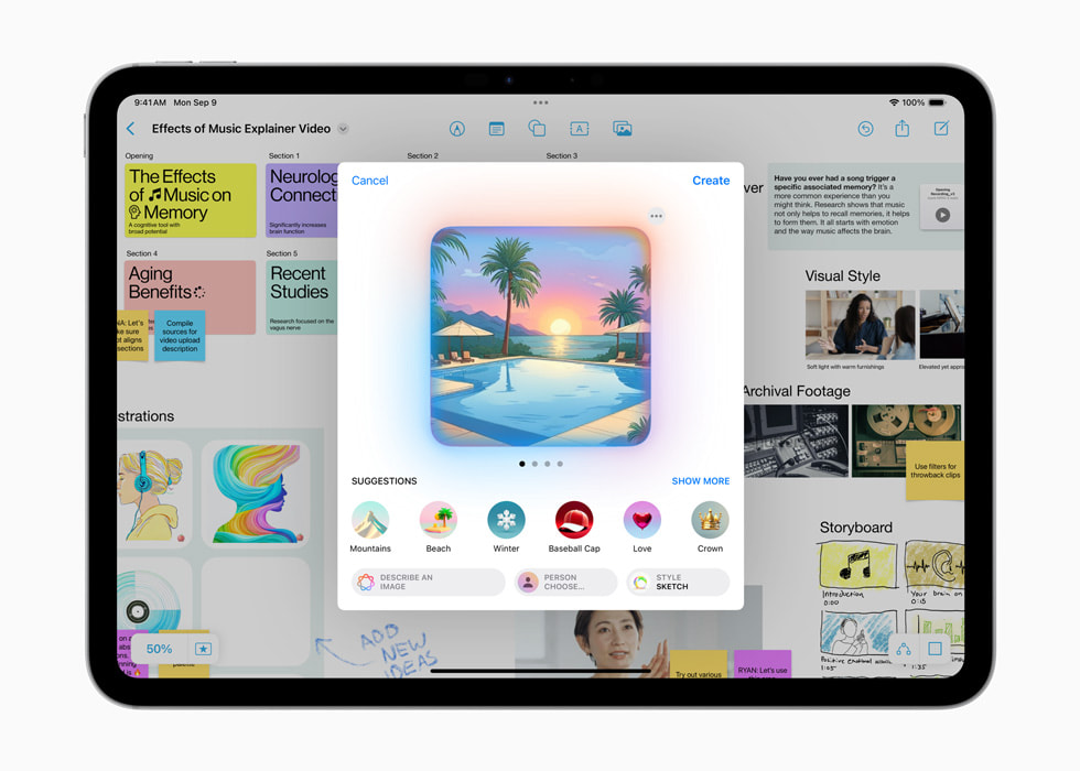 夕焼けのイラストが描かれている、11インチiPad ProのImage Playgroundの画面。