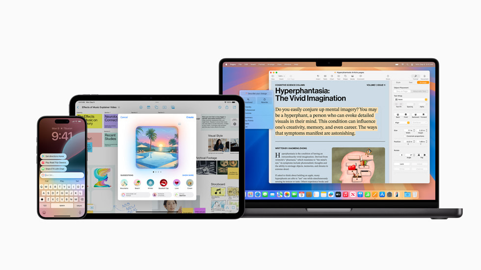 Apple Intelligenceの画面が表示されているiPhone 16、11インチiPad Pro、14インチMacBook Pro。