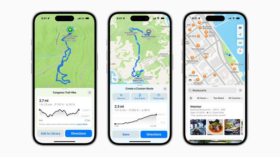 Drie exemplaren van iPhone 16 met nieuwe features van Apple Kaarten, waaronder een route op Congress Trail in Sequoia National Park, een zelfgemaakte route en een zoekopdracht naar restaurants.