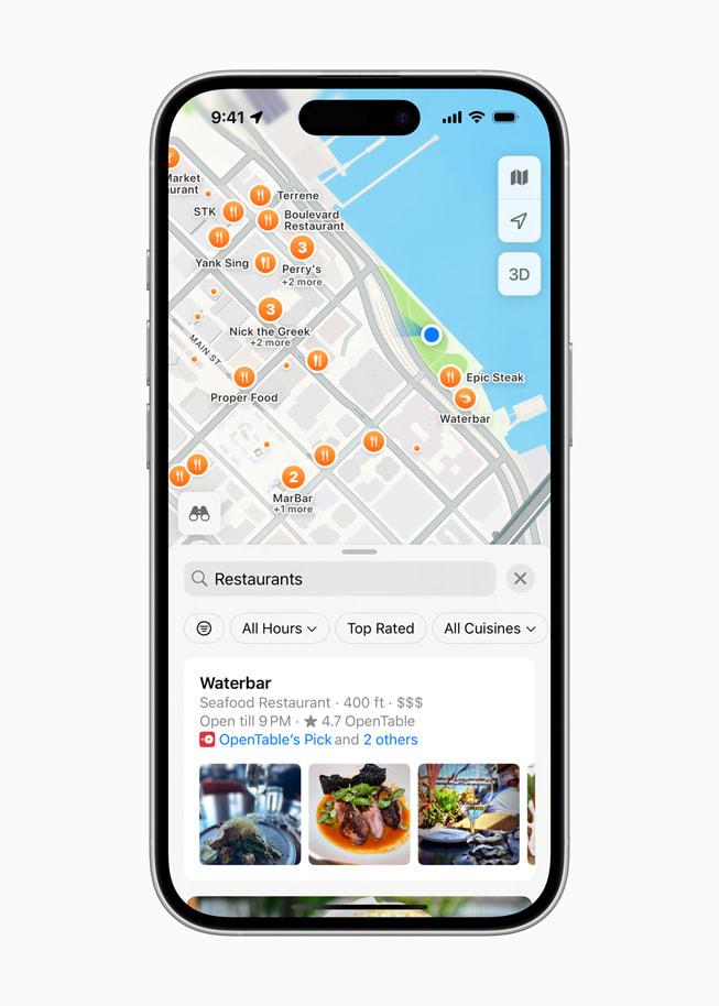 Een iPhone 16 met een scherm uit Apple Kaarten en een zoekopdracht naar restaurant.