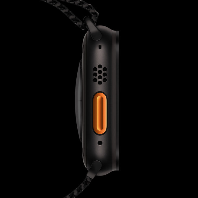 A close-up of the Action button on Apple Watch Ultra 2.