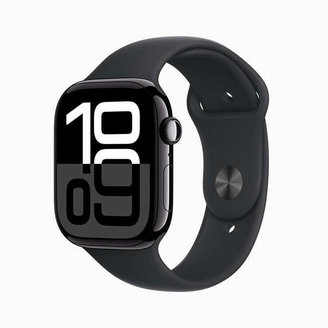 Apple Watch Series 10 من الألومنيوم المصقول باللون الأسود اللامع.