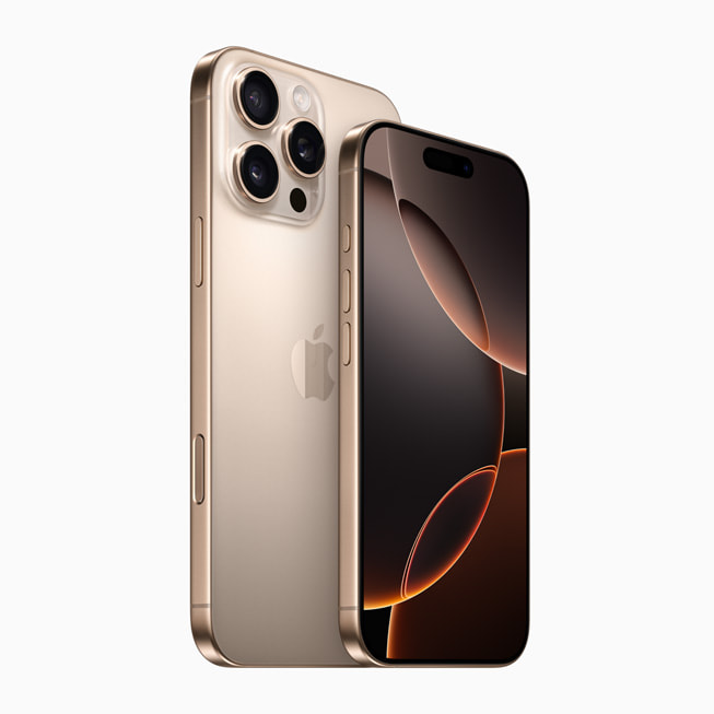 iPhone 16 Pro Max y iPhone 16 Pro color titanio del desierto.