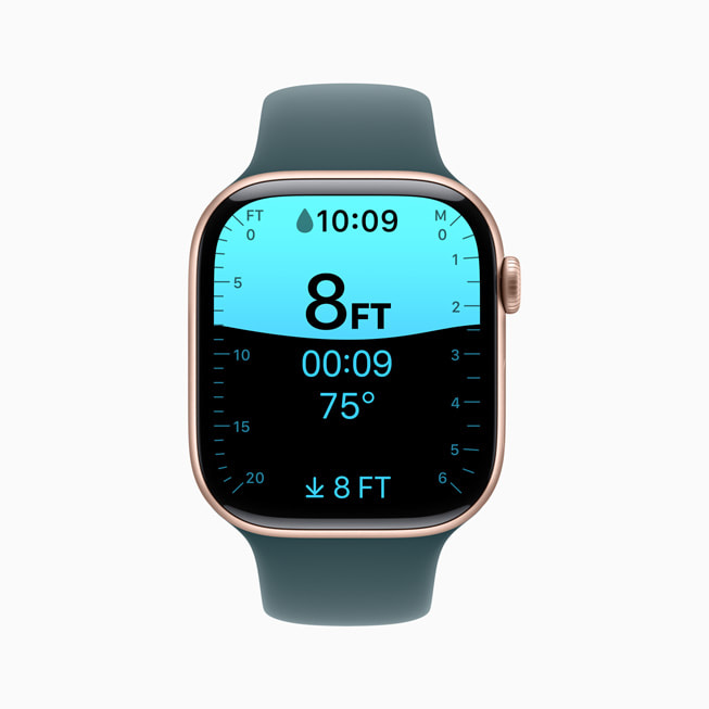 Apple Watch Series 10 上展示「水深」app。