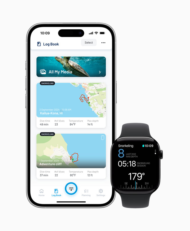 iPhone 16 Pro 和 Apple Watch Series 10 上展示《Oceanic+》app。