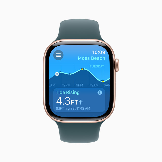 Apple Watch Series 10 的「潮汐」app 展示 4.9 呎的滿潮。