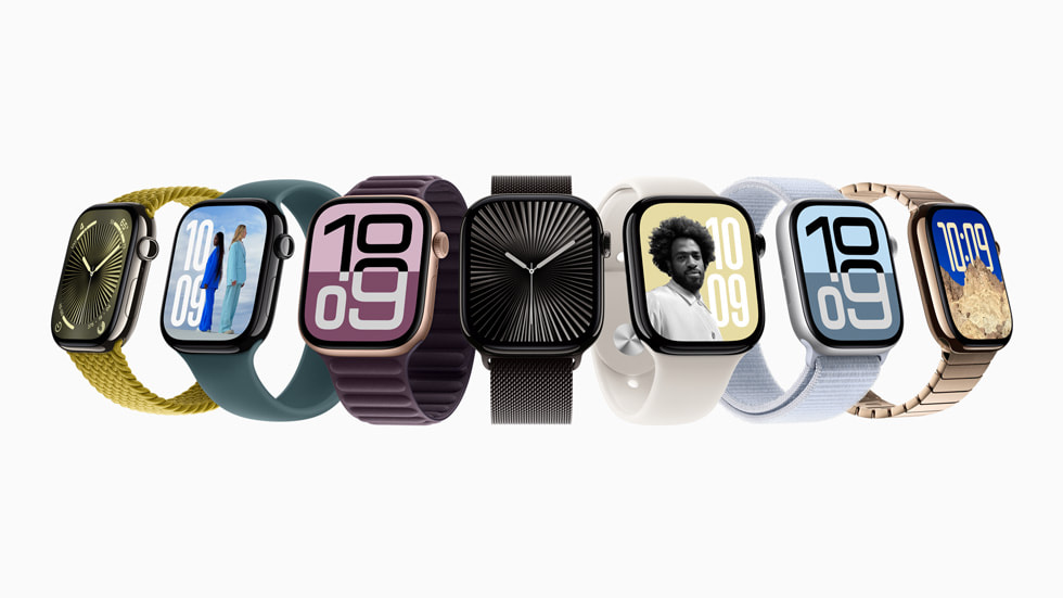 呈扇形排列的七款 Apple Watch Series 10，配搭不同外觀與錶帶。
