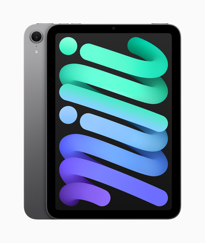The new iPad mini is shown in space gray.