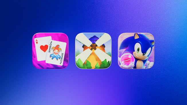 Íconos que representan a los finalistas de la categoría Juego del año de Apple Arcade 2024: Balatro+, Outlanders 2 y Sonic Dream Team.