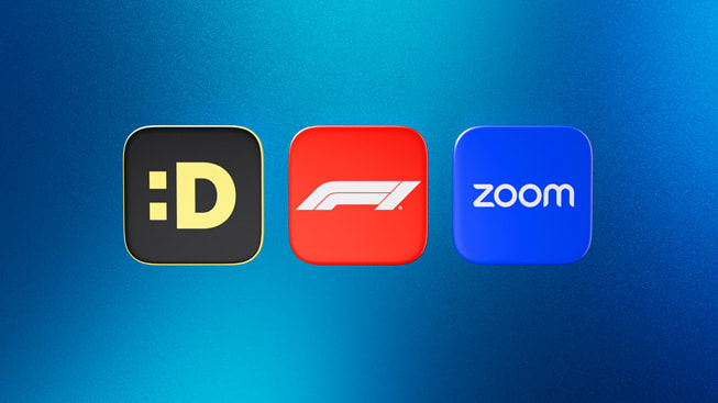 Íconos que representan a los finalistas de la categoría App del año para el Apple TV 2024: DROPOUT, F1 TV y Zoom.