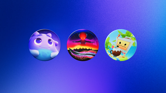 Íconos que representan a los finalistas de la categoría Juego del año para el Apple Vision Pro 2024: Loóna, THRASHER y Vacation Simulator.