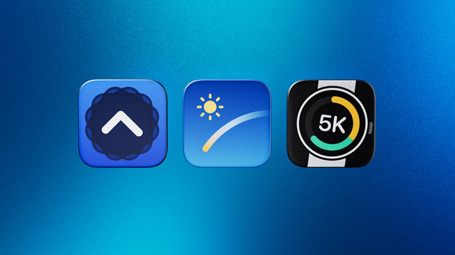 Íconos que representan a los finalistas de la categoría App del año para el Apple Watch 2024: LookUp, Lumy y Watch to 5K.