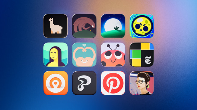 Íconos que representan a los finalistas de la categoría Impacto cultural 2024: Arco, The Bear, BetterSleep, Brawl Stars, DailyArt, Do You Really Want to Know 2, EF Hello, NYT Games, Oko, Partiful, Pinterest y The Wreck.