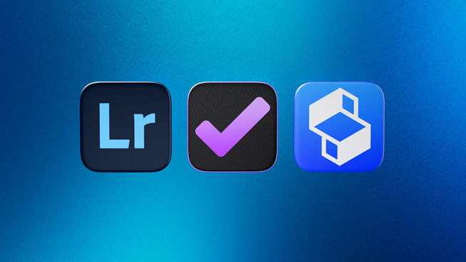 Íconos que representan a los finalistas de la categoría App del año para la Mac: Adobe Lightroom, OmniFocus 4 y Shapr3D.