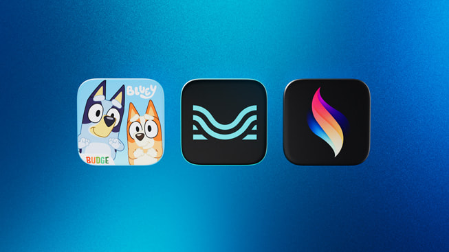 Íconos que representan a los finalistas de la categoría App del año para el iPad 2024: Bluey: Let’s Play!, Moises y Procreate Dreams.