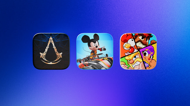 Íconos que representan a los finalistas de la categoría Juego del año para el iPad 2024: Assassin’s Creed Mirage, Disney Speedstorm y Squad Busters.