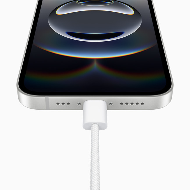 A close-up of the USB-C port on iPhone 16e.