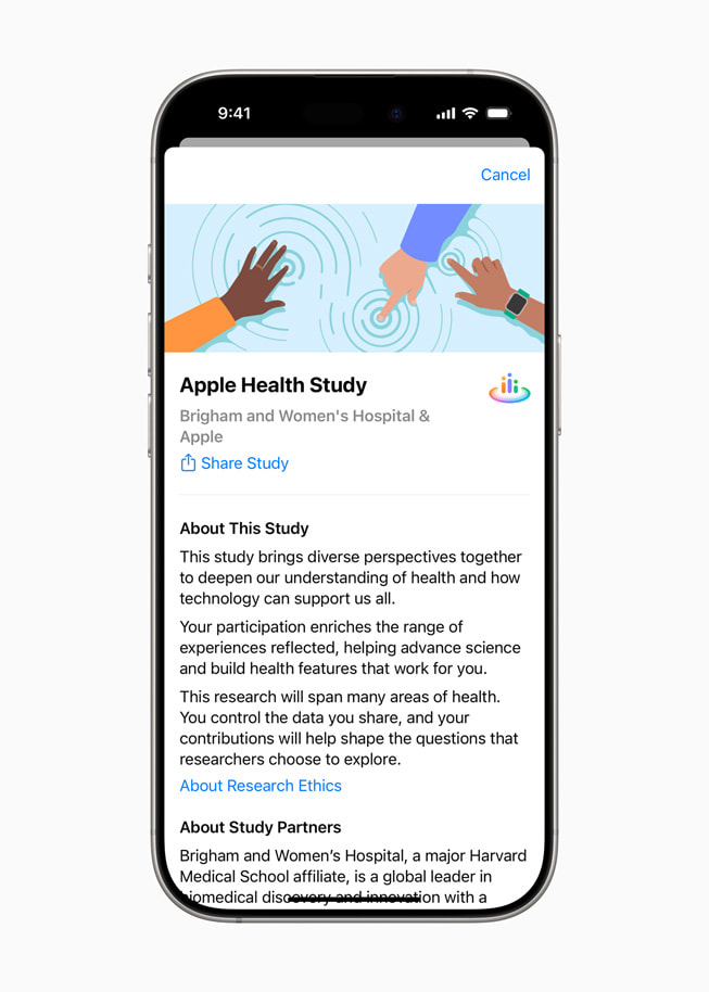 On iPhone 16 Pro, a screen in the Research app reads “About This Study” and offers details on the Apple Health Study and the study’s partners.