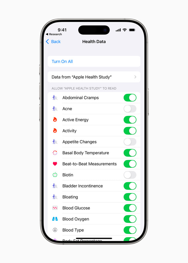 On iPhone 16 Pro, a screen in the Health app shows a user’s data and allows the user to select how much they want to share with the Apple Health Study.