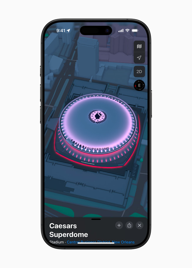 iPhone 16 Pro에서 Apple 지도에 뉴올리언스 시저스 슈퍼돔의 3D 랜드마크가 표시된 모습.