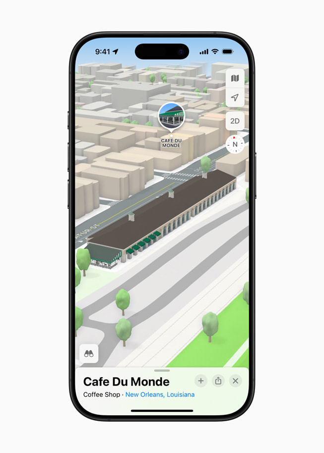 iPhone 16 Pro에서 Apple 지도에 뉴올리언스 카페 드 몽드의 3D 랜드마크가 표시된 모습.