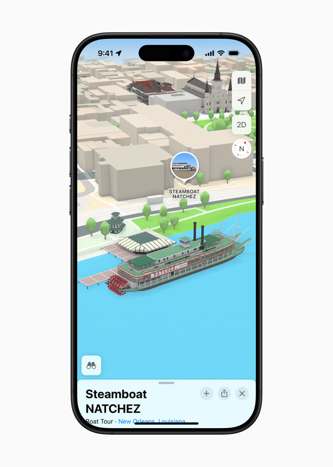 iPhone 16 Pro에서 Apple 지도에 뉴올리언스 증기선 나체즈의 3D 랜드마크가 표시된 모습.