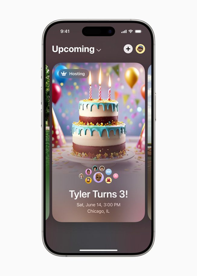 Einladung zu einer Kindergeburtstagsfeier mit einem mit Image Playground erstellten Bild einer Geburtstagstorte in Apple Invites auf einem iPhone 16 Pro.