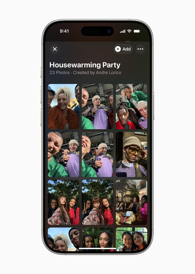 Geteiltes Fotoalbum für eine Veranstaltung mit dem Titel Housewarming Party in der Apple Invites App auf einem iPhone 16 Pro.