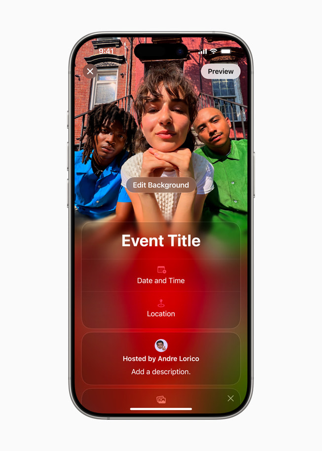 Apple Invites App auf einem iPhone 16 Pro mit der Aufforderung an den:die Nutzer:in, der Veranstaltung einen Namen zu geben und ein Foto auszuwählen.