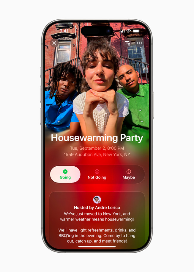 Eine Eventeinladung mit dem Titel Housewarming Party in der Apple Invites App auf einem iPhone 16 Pro.