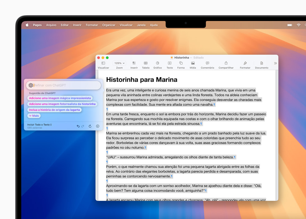 Ferramentas de Escrita com a integração do ChatGPT mostradas no Pages no macOS Sequoia.