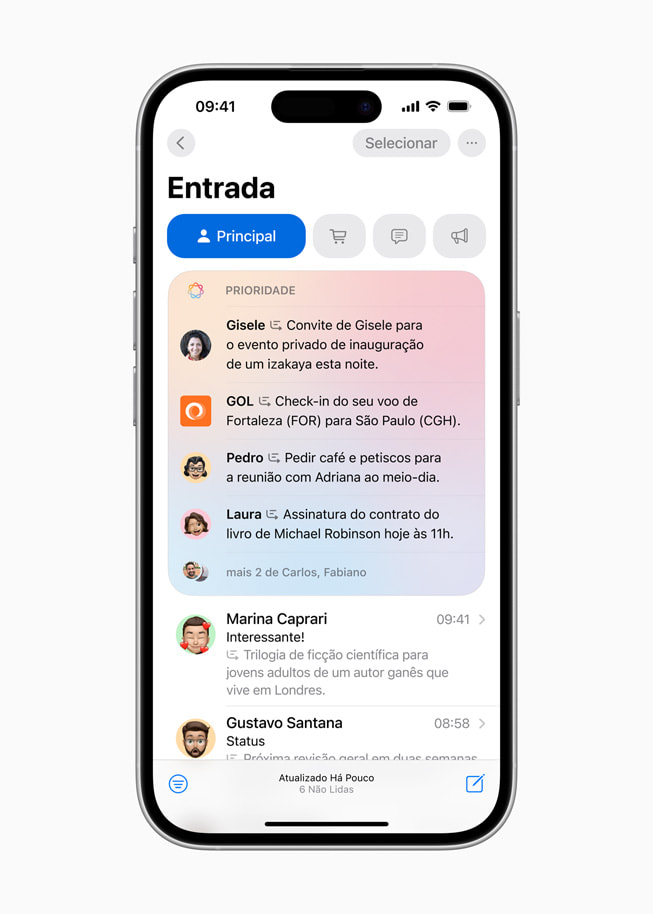 O iPhone 16 mostra a tela de Mensagens Prioritárias com uma lista de e-mails importantes.