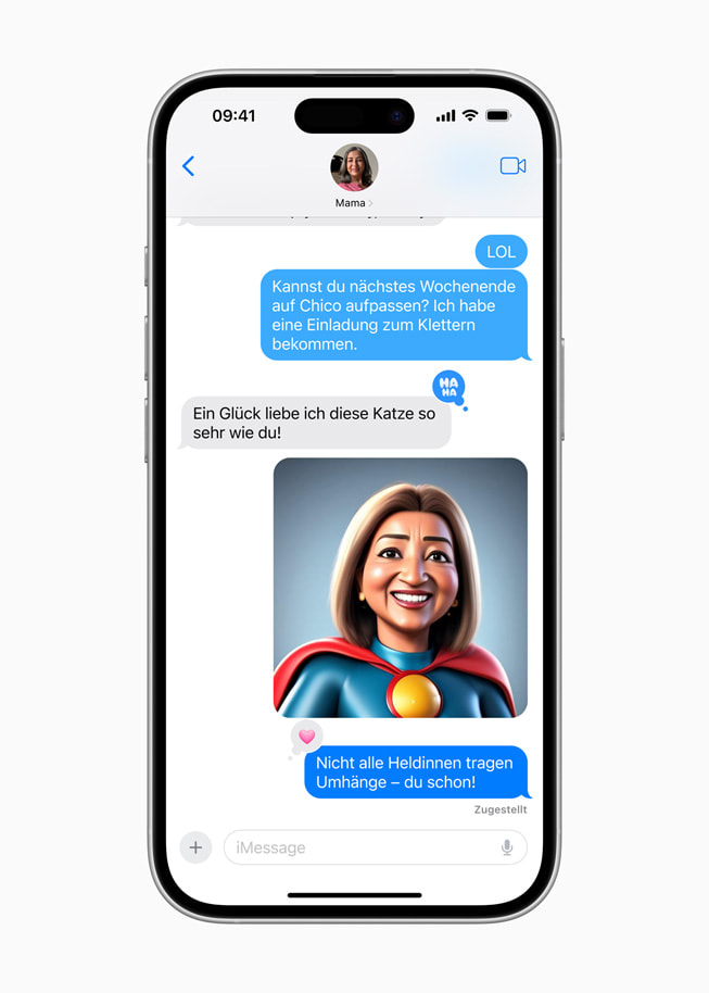 Ein Image Playground im Animationsstil in Nachrichten auf einem iPhone 16.
