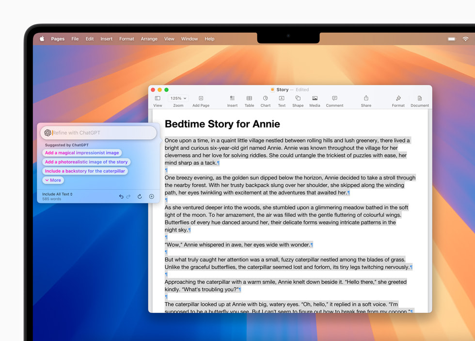 Writing Tools with ChatGPT integration, displayed in Pages in macOS Sequoia.
