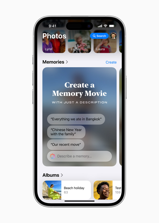 iPhone 16 shows a Memories screen with a prompt to create a memory movie with just a description.